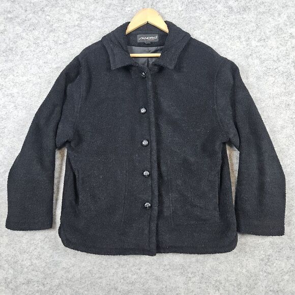 Sandro Sport Women's Black Jacket/Coat Size L Button Front 100% Polyester Fleece - Picture 1 of 11